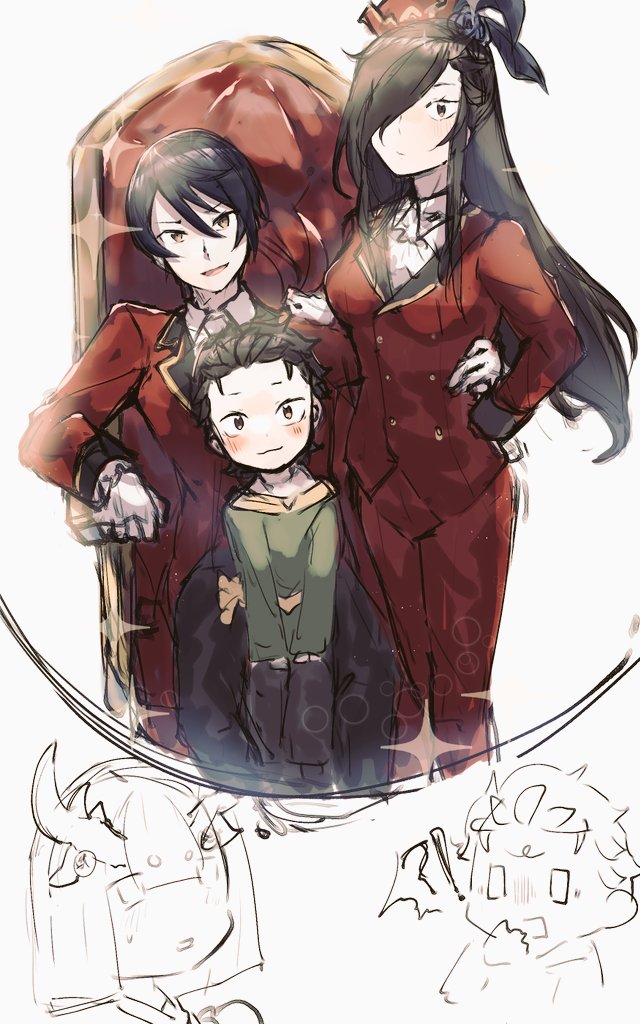 1girl, 3boys, age_regression, aged_down, artist_request, ascot, black_hair, breast_padding