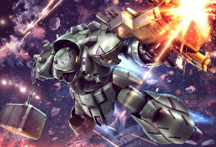 asteroid, firing, flying, glowing, glowing_eyes, gun, gundam, gundam_gusion