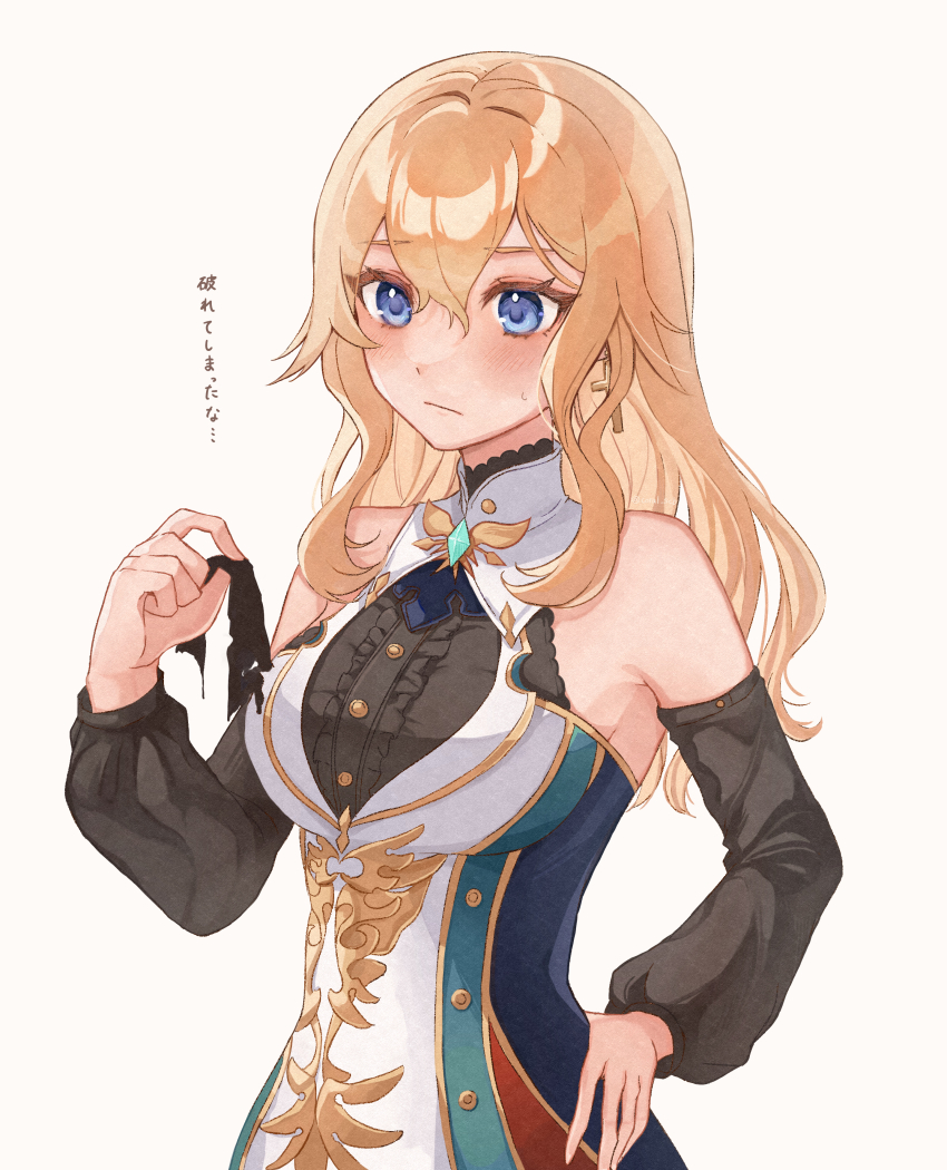 1girl, absurdres, bare_shoulders, blonde_hair, blue_eyes, blush, breasts, commentary_request, cross, cross_earrings, detached_sleeves, earrings, genshin_impact, hair_between_eyes, hair_down, highres, jean_(genshin_impact), jewelry, large_breasts, long_hair, long_sleeves, shirt, simple_background, sindo_pink, sleeveless, sleeveless_shirt, solo, translation_request, upper_body, white_background