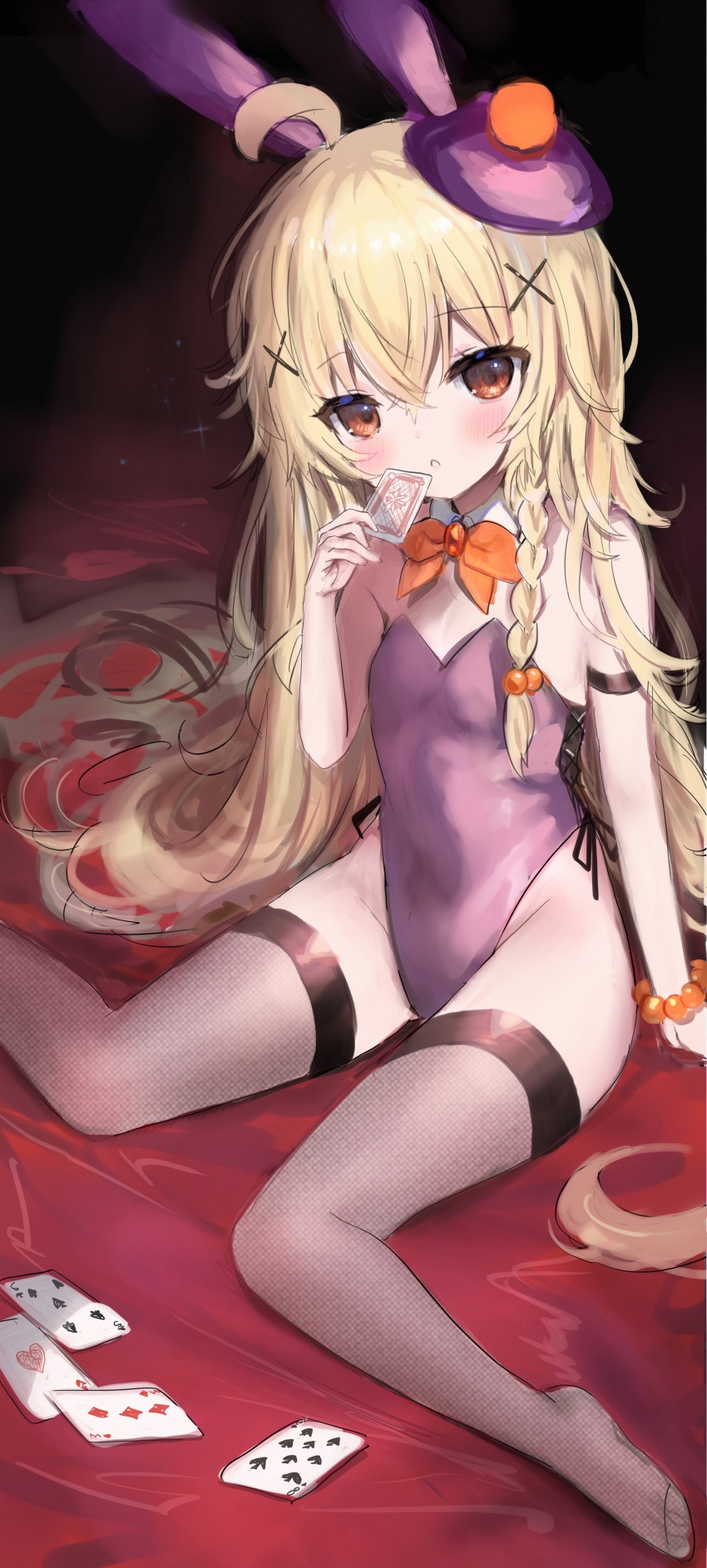 1girl, :o, absurdres, ahoge, animal_ears, bare_arms, bare_shoulders, bead_bracelet, beads, beret, blonde_hair, bracelet, braid, breasts, brown_thighhighs, card, collar, commentary_request, detached_collar, diamond_(shape), flower_knight_girl, groin, hair_between_eyes, hair_bobbles, hair_ornament, hat, heart, highres, holding, holding_card, jewelry, kuko_(flower_knight_girl), leotard, long_hair, looking_at_viewer, no_shoes, parted_lips, playboy_bunny, playing_card, purple_hat, purple_leotard, rabbit_ears, red_eyes, shiodome_oji, small_breasts, solo, spade_(shape), thighhighs, tilted_headwear, very_long_hair, white_collar, wing_collar, x_hair_ornament