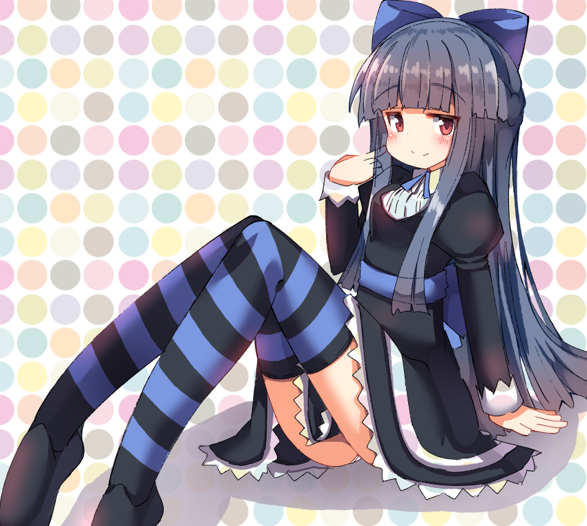 1girl, absurdres, arm_support, black_dress, black_hair, black_shoes, blue_bow, blush