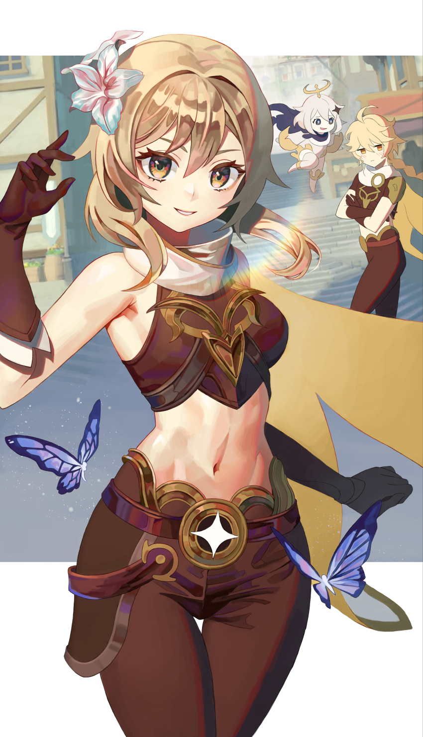 1boy, 2girls, absurdres, aether_(genshin_impact), aether_(genshin_impact)_(cosplay), ahoge, alternate_costume, bare_shoulders