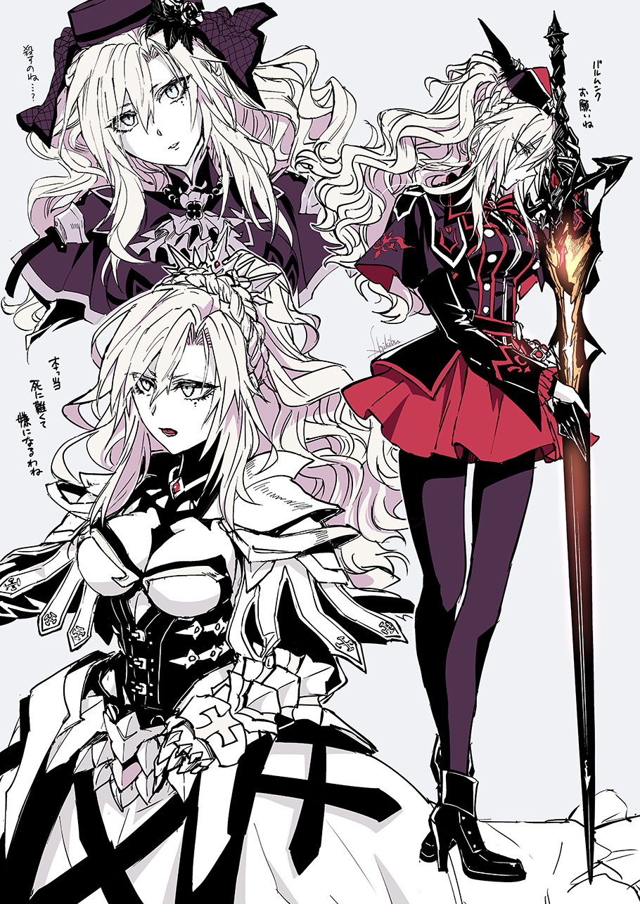 1girl, black_footwear, black_pantyhose, black_shirt, blue_eyes, breasts, cleavage, fate/grand_order, fate_(series), head_tilt, high_heels, highres, holding, holding_sword, holding_weapon, ito_(pixiv), kriemhild_(fate), kriemhild_(first_ascension)_(fate), kriemhild_(second_ascension)_(fate), kriemhild_(third_ascension)_(fate), long_hair, medium_breasts, multiple_views, open_mouth, pantyhose, parted_lips, ponytail, red_skirt, shirt, sketch, skirt, sword, translation_request, weapon, white_hair