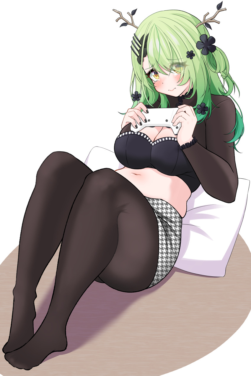 1girl, absurdres, bakedmonogamy, blush, breasts, ceres_fauna, cleavage, goth_fashion, green_hair, highres, hololive, hololive_english, large_breasts, long_hair, looking_at_viewer, navel, pantyhose, plump, pout, solo, virtual_youtuber, yellow_eyes