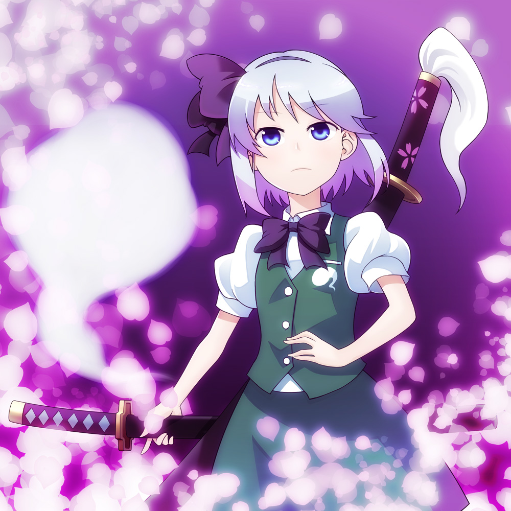 1girl, bad_id, bad_pixiv_id, blue_eyes, bow, cherry_blossoms, female_focus, grey_hair