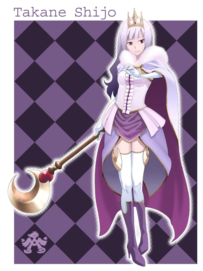 1girl, bad_id, bad_pixiv_id, boots, breasts, cape, crown, dress