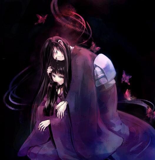 2girls, bad_id, bad_pixiv_id, black_hair, bug, butterfly, doll, fatal_frame, fatal_frame_ii:_crimson_butterfly, japanese_clothes, kimono, kiryuu_akane, kiryuu_azami, koko_(oyasuminasai), long_hair, multiple_girls, siblings, sisters, spirit, tears, twins