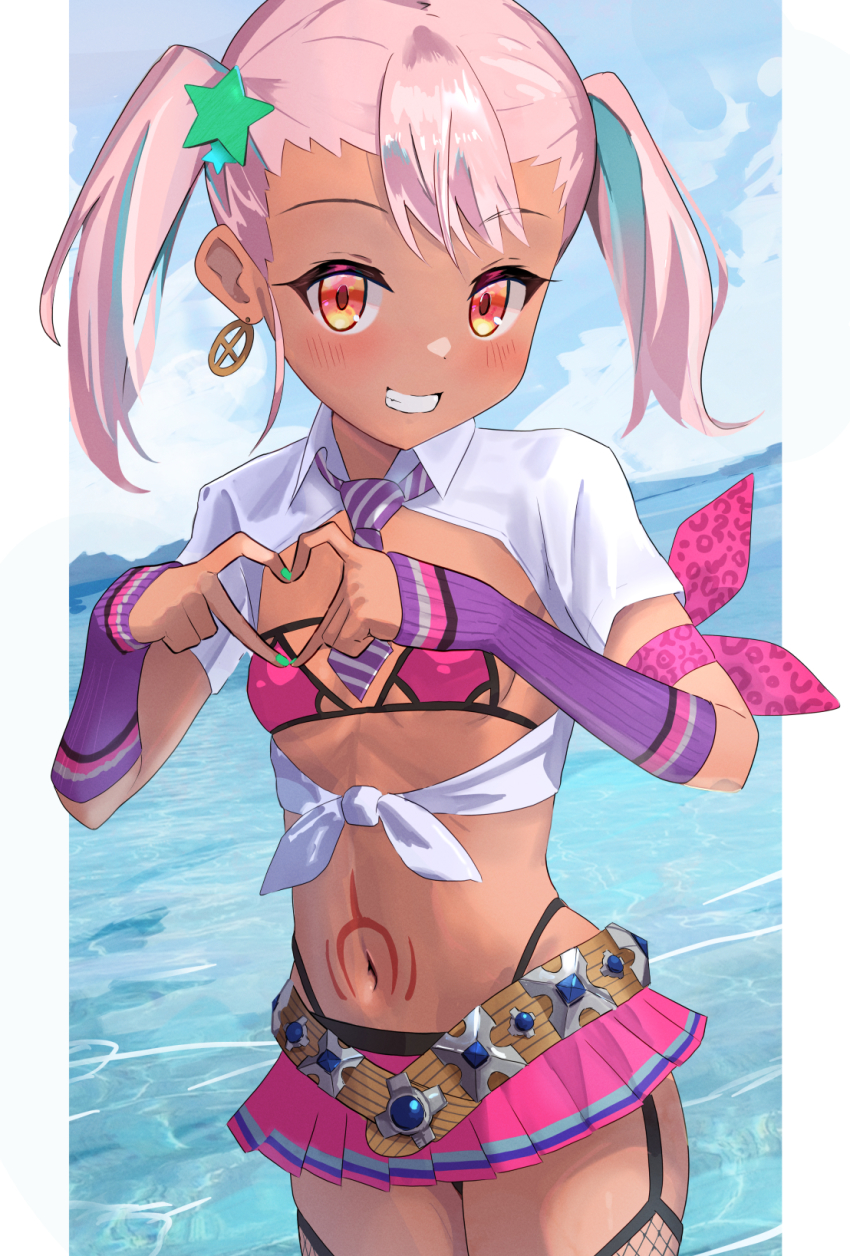 1girl, american_school_uniform, belt, bikini, blush, breasts, chloe_von_einzbern, choker, collared_shirt, cosplay, dark-skinned_female, dark_skin, detached_sleeves, earrings, fate/kaleid_liner_prisma_illya, fate_(series), female_focus, fishnet_thighhighs, fishnets, grin, gyaru, hair_between_eyes, hair_ornament, heart, heart_hands, highres, hoop_earrings, ibuki_douji_(fate)_(cosplay), ibuki_douji_(swimsuit_berserker)_(fate)_(cosplay), ibuki_douji_(swimsuit_berserker)_(second_ascension)_(fate), jewelry, loli, long_hair, looking_at_viewer, miniskirt, navel, necktie, orange_eyes, outdoors, pan_korokorosuke, pink_bikini, pink_hair, pink_skirt, pleated_skirt, school_uniform, shirt, short_sleeves, sidelocks, skirt, small_breasts, smile, solo, star_(symbol), star_hair_ornament, stomach_tattoo, swimsuit, tattoo, thighhighs, thighs, tied_shirt, twintails, white_shirt