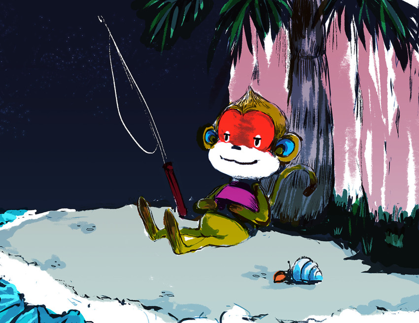 1boy, animal_crossing, beach, fishing_rod, in_tree, monkey, nintendo, palm_tree, simon_(animal_crossing), sitting, sitting_in_tree, tree, tunnelvision