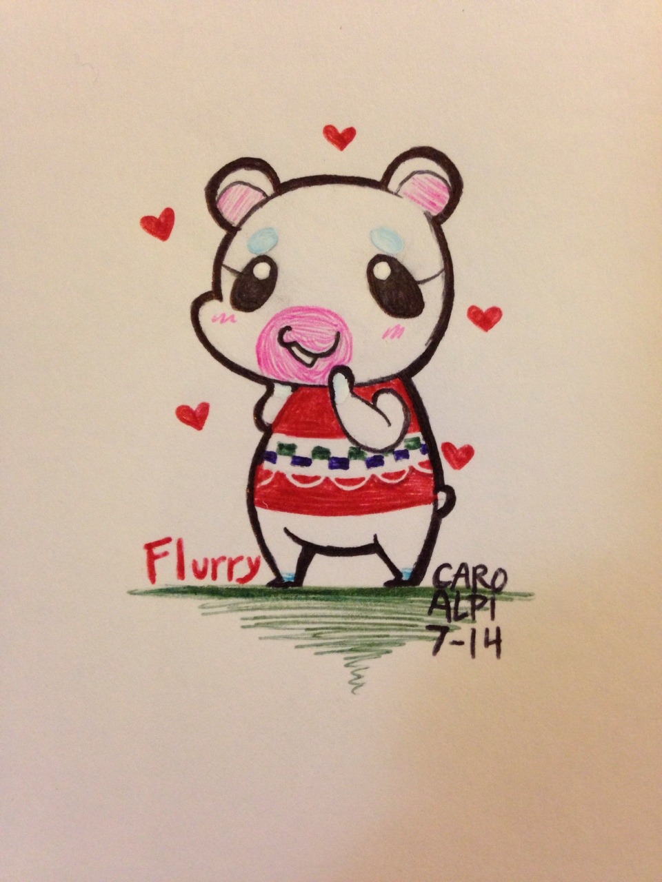 1girl, animal_crossing, caroalpi, flurry_(animal_crossing), hands_on_own_face, heart, highres, looking_at_viewer, nintendo, paper_background, red_shirt, shirt, simple_background