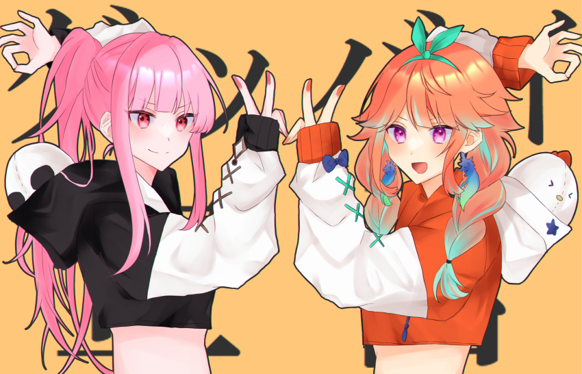 2girls, absurdres, breasts, earrings, feather_earrings, feathers, gradient_hair, highres, hololive, hololive_english, jewelry, long_hair, looking_at_viewer, midriff, miyu-k2896, mori_calliope, multicolored_hair, multiple_girls, navel, orange_hair, pink_hair, ponytail, purple_eyes, red_eyes, smile, stomach, takanashi_kiara, v, virtual_youtuber, yuri