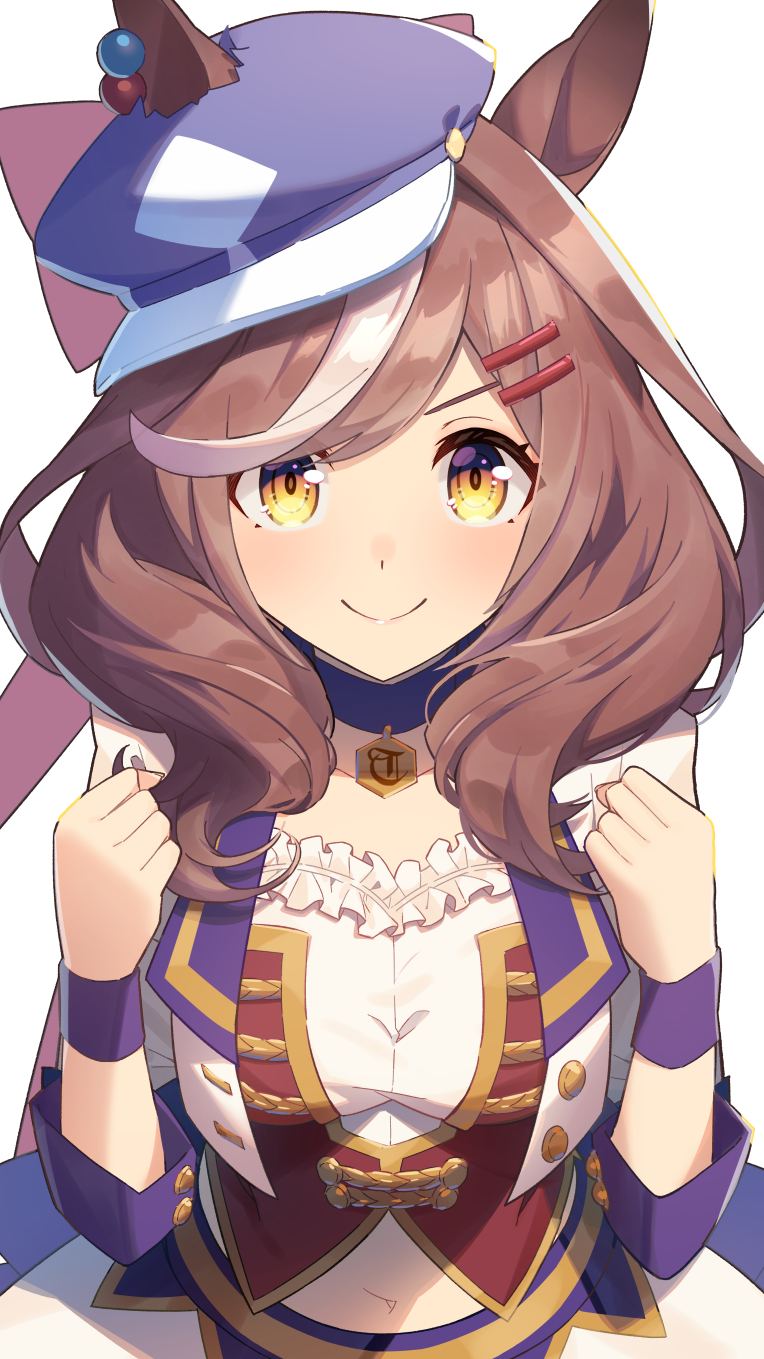 1girl, alternate_costume, animal_ears, breasts, brown_hair, newsboy_cap, clenched_hands, closed_mouth