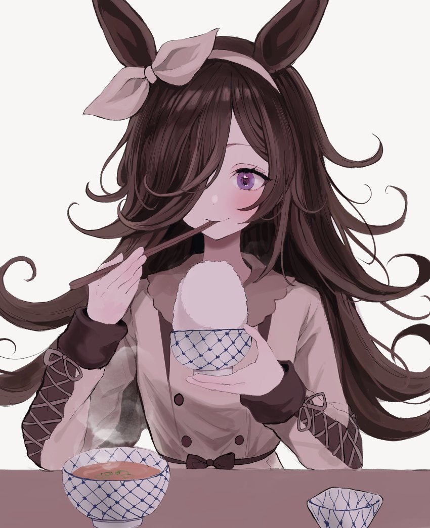 1girl, alternate_costume, animal_ears, black_hair, blush, bowl, casual, chopsticks, eating, food, hair_over_one_eye, headband, highres, horse_ears, kh87136648, miso_soup, purple_eyes, rice, rice_bowl, rice_shower_(casual)_(umamusume), rice_shower_(umamusume), simple_background, smile, solo, table, umamusume, white_background