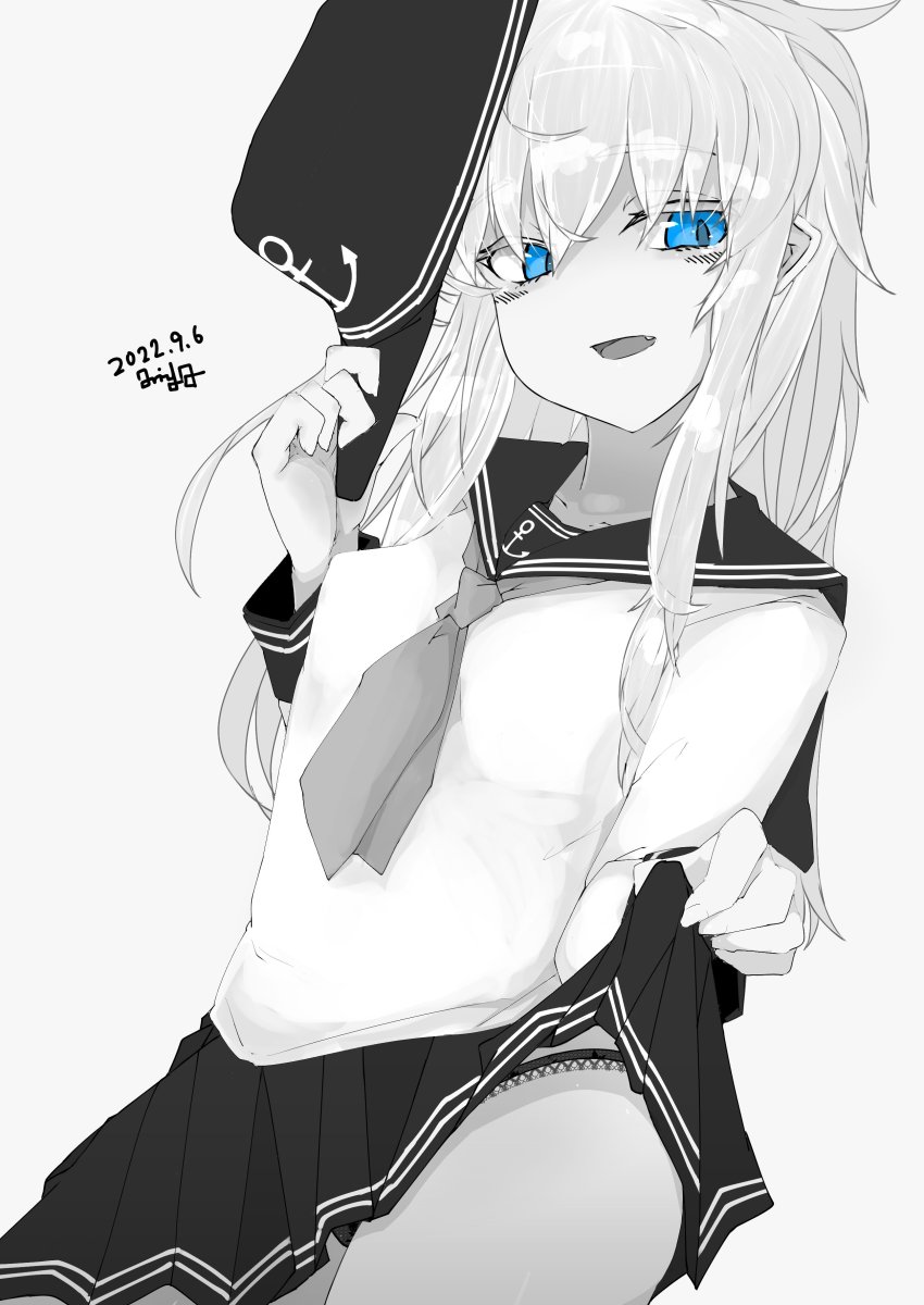 1girl, absurdres, anchor_symbol, blue_eyes, blush, breasts, clothes_lift, commentary, dated, fang, flat_cap, greyscale, hair_between_eyes, hat, hibiki_(kancolle), highres, holding, holding_unworn_clothes, holding_unworn_hat, kantai_collection, lifting_own_clothes, long_hair, long_sleeves, looking_at_viewer, monochrome, neckerchief, open_mouth, panties, pleated_skirt, sailor_collar, school_uniform, senoo_arika, serafuku, signature, simple_background, skirt, skirt_lift, small_breasts, solo, spot_color, underwear, unworn_hat, unworn_headwear