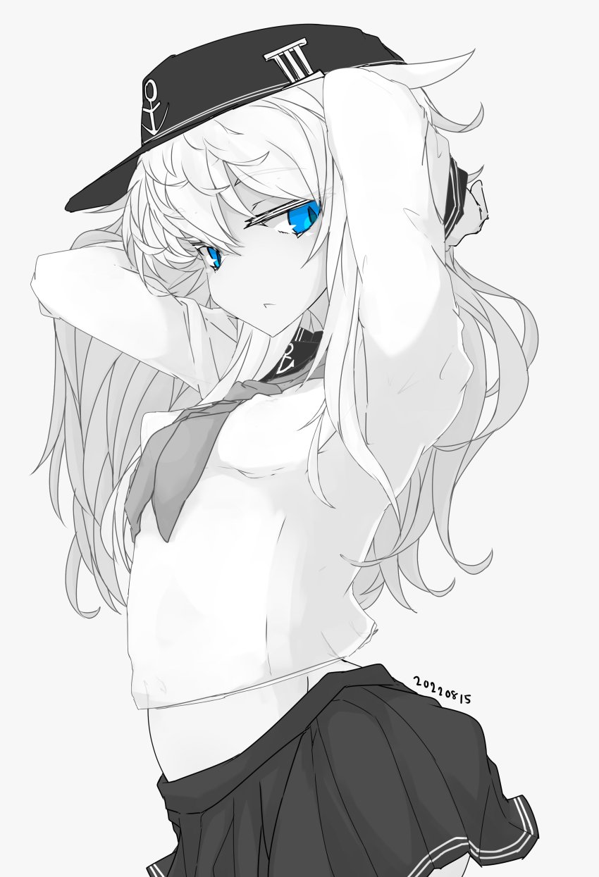 1girl, :<, absurdres, anchor_symbol, arms_behind_head, arms_up, blue_eyes, breasts