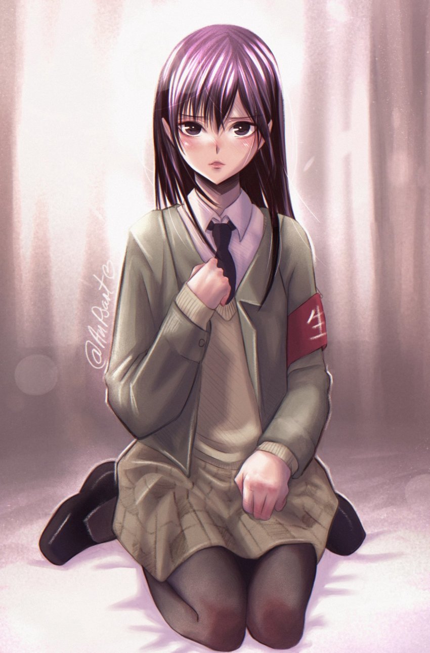 1girl, aihara_academy_school_uniform, aihara_mei, anpsart, armband, artist_name, bed, black_eyes