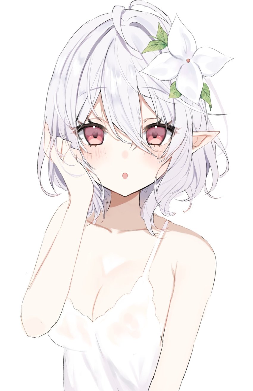 1girl, :o, alternate_breast_size, alternate_costume, antenna_hair, blush, breasts, cleavage