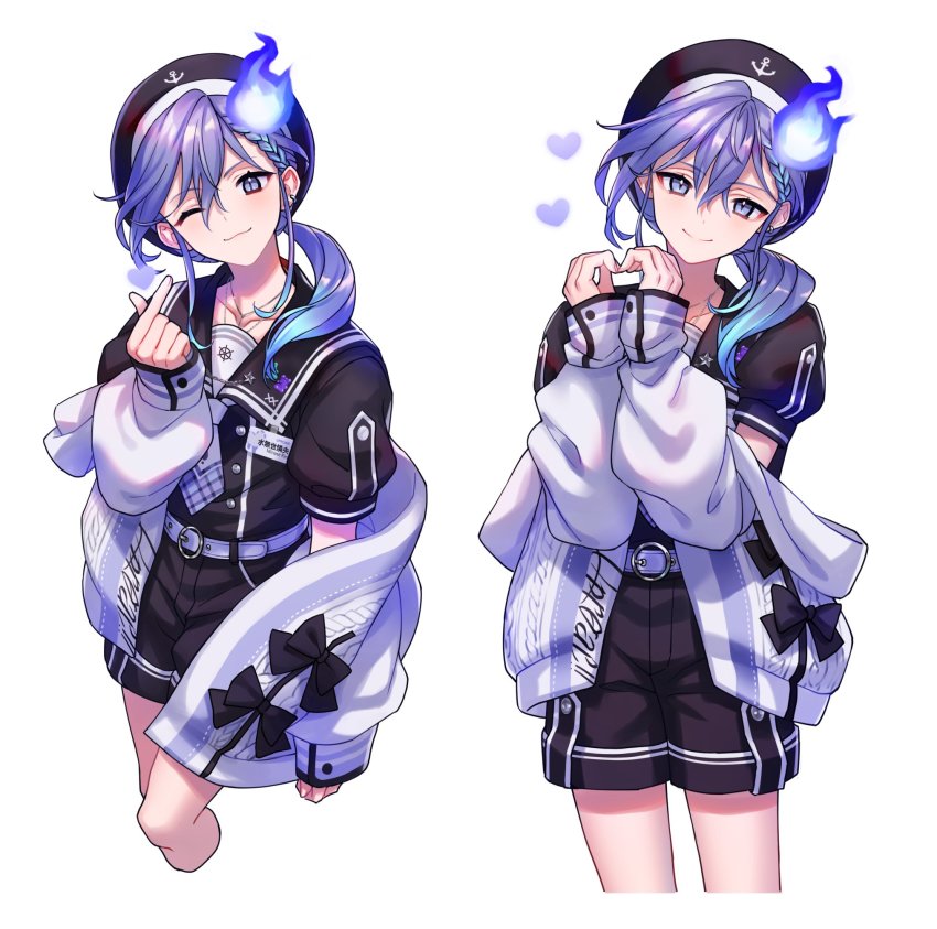 1boy, anchor_symbol, aqua_hair, black_headwear, black_sailor_collar, black_shorts, cat_ear_panties, closed_mouth