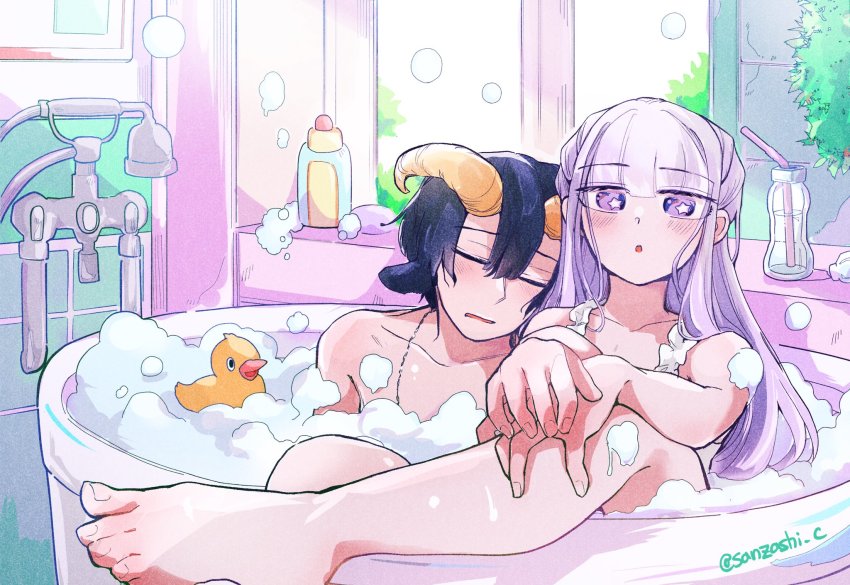 1boy, 1girl, animal_ears, aurora_sya_lis_kaymin, bath, bathing, blue_hair, closed_mouth, commentary_request, demon_cleric, feet, goat_ears, goat_horns, highres, horns, indoors, legs, long_hair, looking_at_viewer, maou-jou_de_oyasumi, mixed-sex_bathing, nude, open_mouth, pectoral_cleavage, pectorals, purple_eyes, purple_hair, rubber_duck, shampoo_bottle, shared_bathing, short_hair, sleeping, soap, soap_bubbles, star-shaped_pupils, star_(symbol), symbol-shaped_pupils, window, yostuba0704