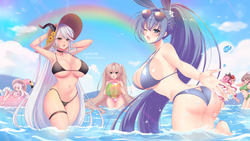 6+girls, absurdly_long_hair, aegir_(azur_lane), ahoge, alternate_costume, anchorage_(azur_lane), animal_ears, arm_garter