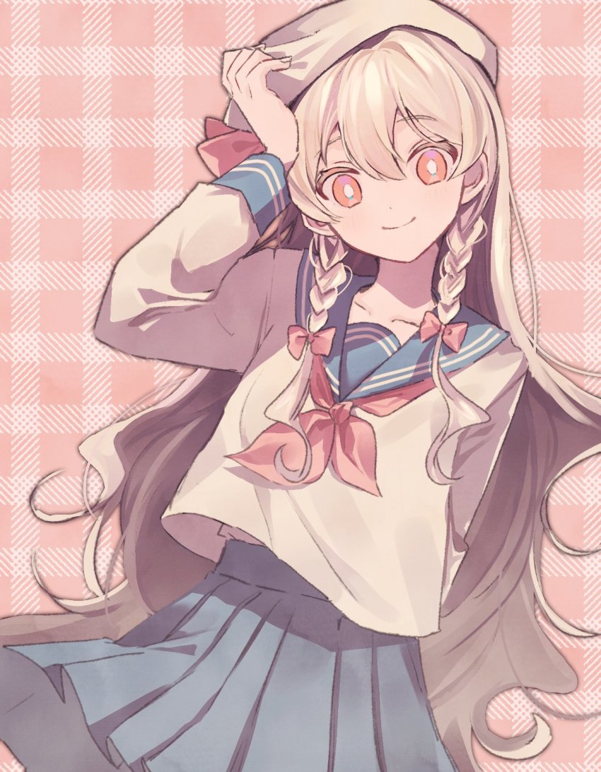 1girl, arm_behind_back, beret, blue_sailor_collar, blue_skirt, bow, braid, closed_mouth