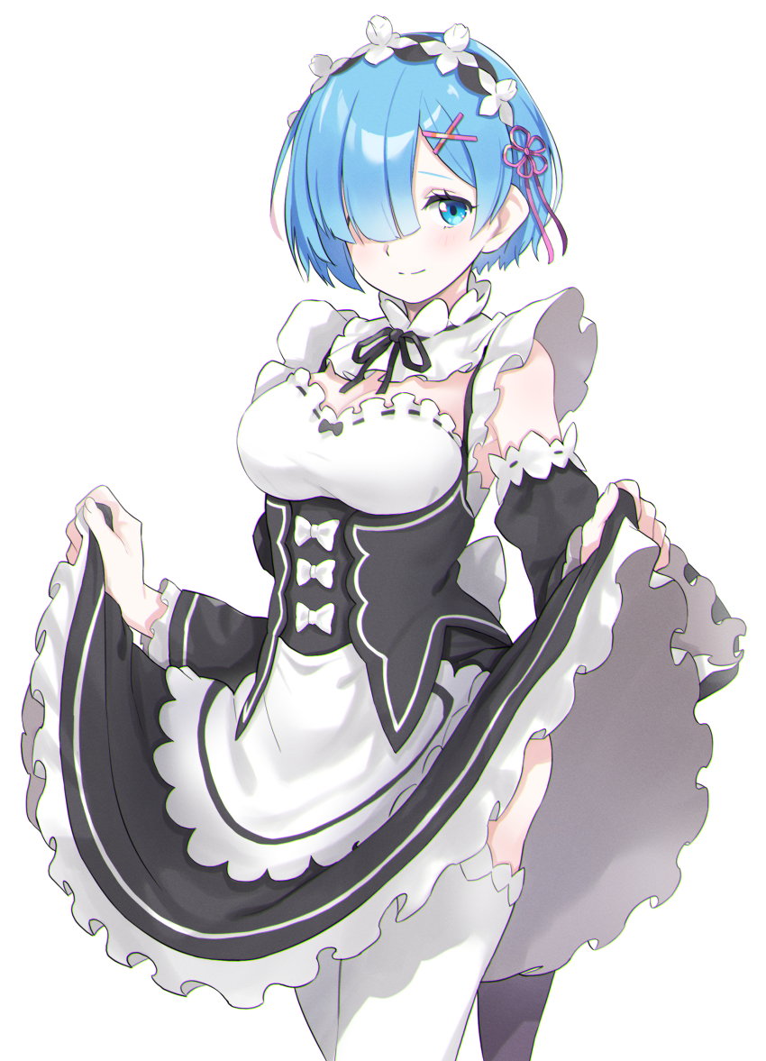 1girl, absurdres, black_dress, blue_eyes, blue_hair, breasts, cleavage, detached_sleeves