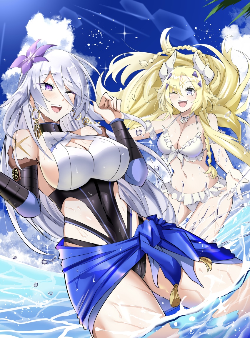 2girls, ;d, absurdres, alternate_costume, bare_shoulders, bikini, black_one-piece_swimsuit, blonde_hair