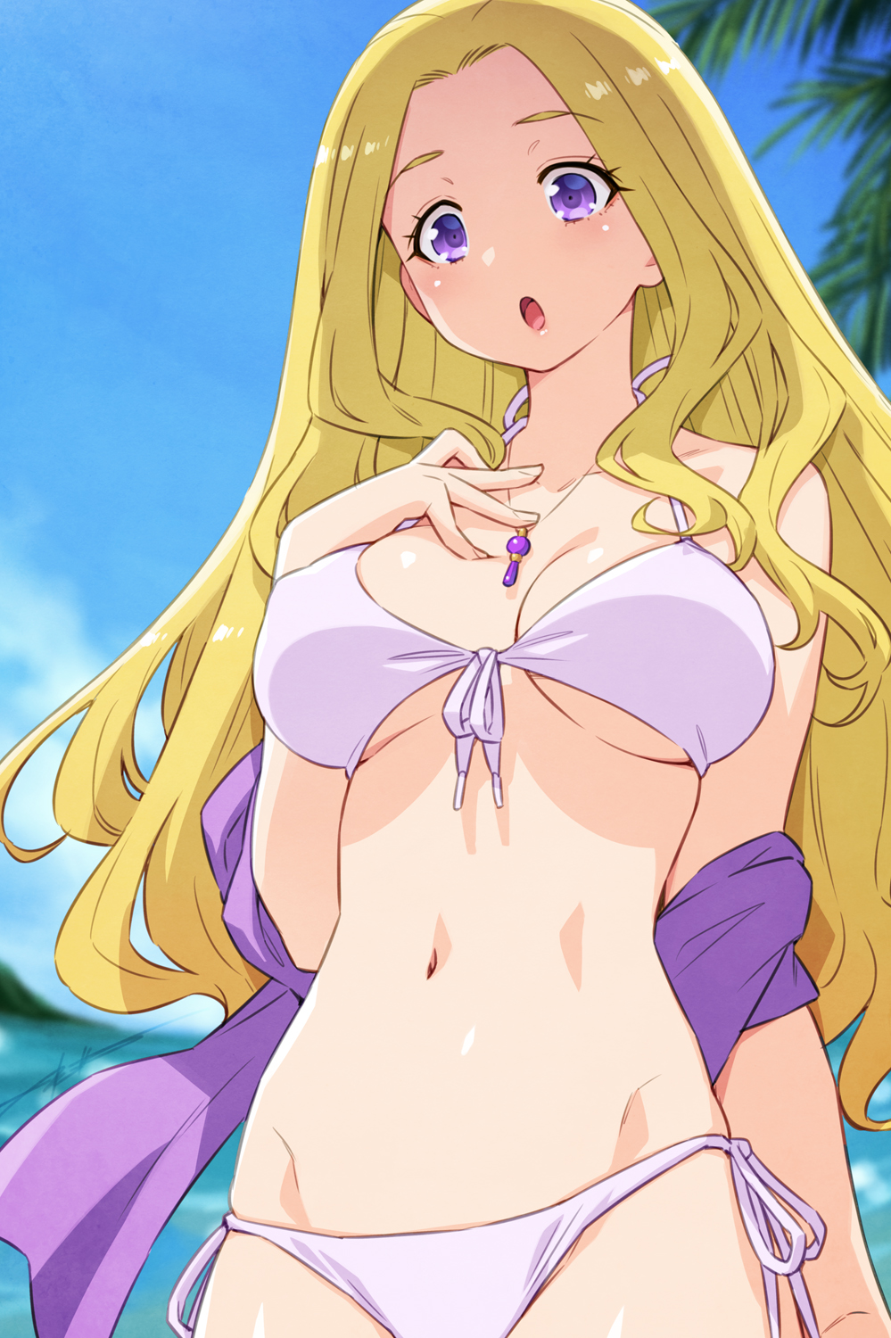 1girl, beach, bikini, blonde_hair, blurry, blurry_background, breasts, cleavage