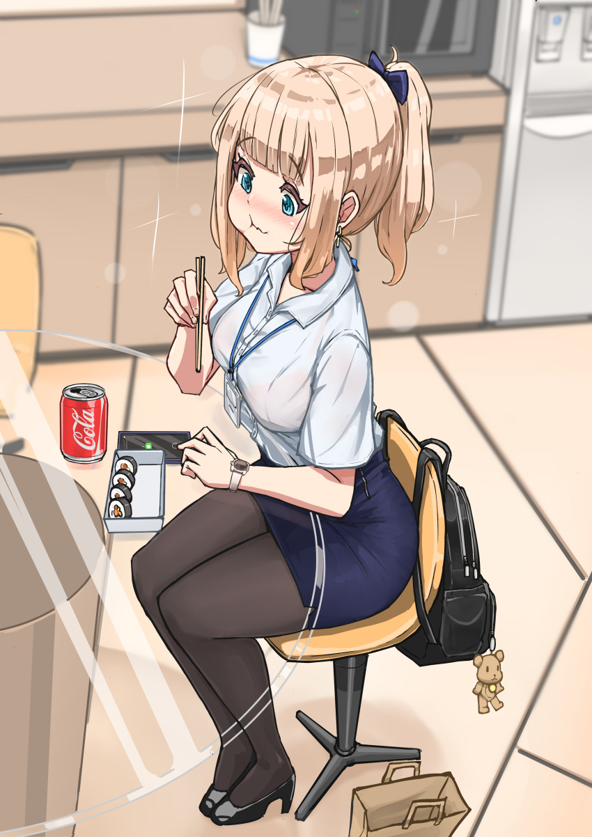 1girl, absurdres, aqua_eyes, bag, black_footwear, black_pantyhose, blonde_hair, blue_ribbon