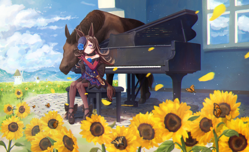 1girl, animal_ears, blue_dress, blue_flower, blue_headwear, blue_rose, brown_hair, brown_pantyhose