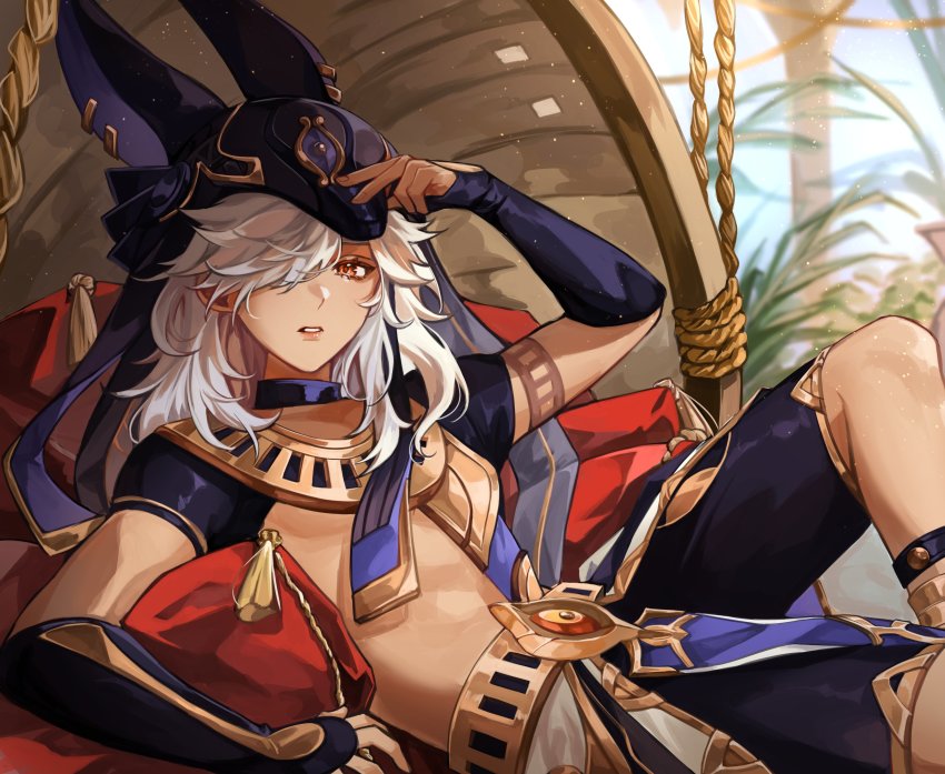 1boy, absurdres, animal_ears, animal_hat, arabian_clothes, arm_up, black_choker, black_gloves