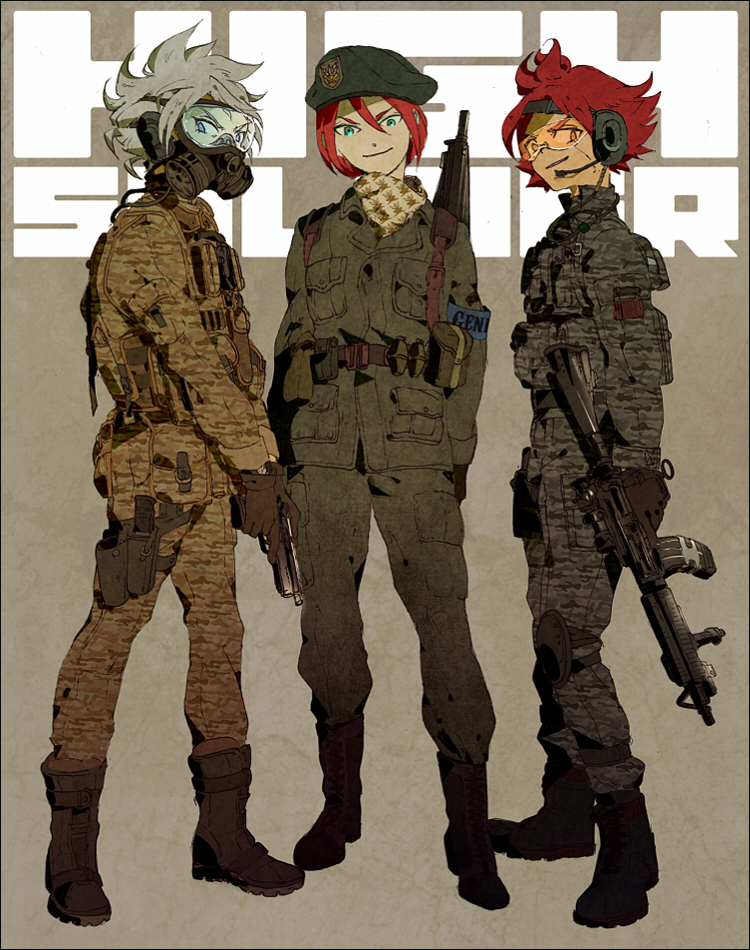 3boys, aqua_eyes, armband, assault_rifle, bad_id, bad_pixiv_id, bandana, belt, belt_pouch, beret, blue_eyes, boots, camouflage, combat_boots, explosive, gas_mask, gloves, grenade, grey_hair, gun, handgun, hat, headset, inazuma_eleven, inazuma_eleven_(series), kiyama_hiroto, left-handed, m16, male_focus, mask, military, military_combat_uniform, military_uniform, multiple_boys, nagumo_haruya, okomeuma, pouch, red_hair, rifle, short_hair, smile, spiked_hair, standing, sunglasses, suzuno_fuusuke, weapon