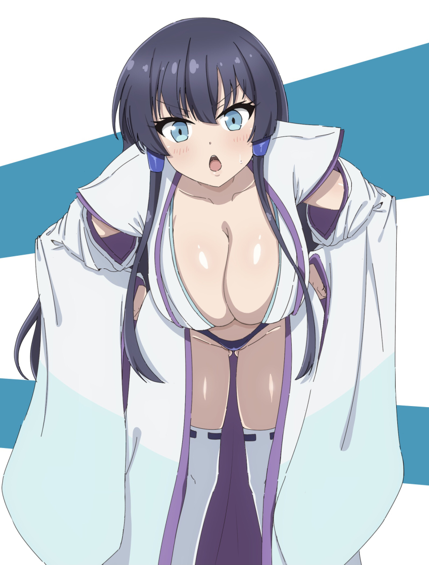 >:o, astaroth_(sentouin_haken_shimasu!), black_hair, blue_eyes, blush, breasts, cleavage, collarbone, detached_sleeves, eyelashes, feet_out_of_frame, gluteal_fold, hair_between_eyes, hands_on_own_hips, highres, large_breasts, leaning_forward, long_hair, looking_at_viewer, macaroni_(dontakadx), open_mouth, revealing_clothes, sentouin_hakenshimasu!, simple_background, standing, sweatdrop, thighhighs, thighs, v-shaped_eyebrows, white_thighhighs, wide_sleeves