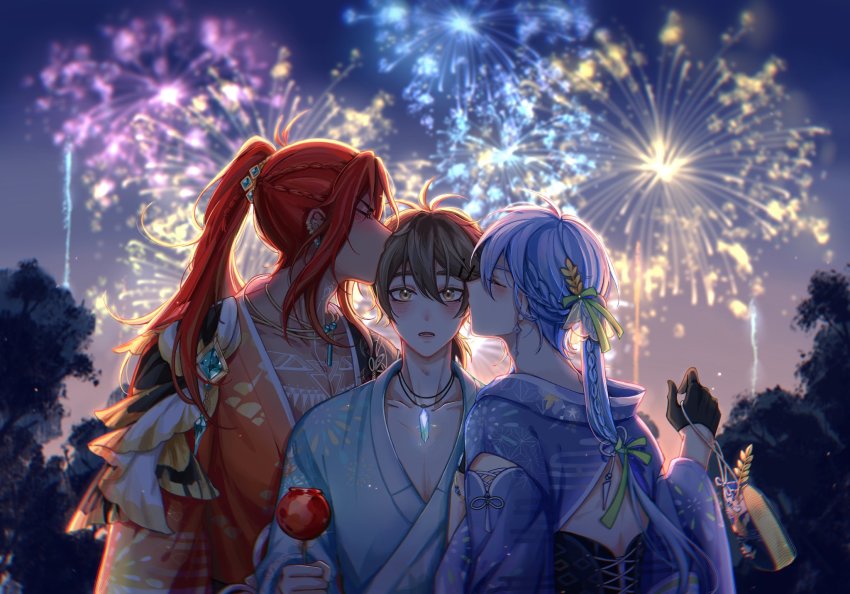 3boys, black_gloves, blue_hair, braid, brown_eyes, brown_hair, candy_apple, chest_tattoo, dante_(eternal_hanabi)_(nu_carnival), dante_(nu_carnival), edmond_(nu_carnival), edmond_(sweet_aroma)_(nu_carnival), eiden_(chase_the_rainbow)_(nu_carnival), eiden_(nu_carnival), festival, fireworks, food, fruit, gloves, high_ponytail, highres, holding, holding_food, holding_fruit, japanese_clothes, jewelry, juya15976333, kimono, kissing_hair, male_harem, multiple_boys, necklace, nu_carnival, ponytail, red_hair, tattoo, upper_body, yaoi