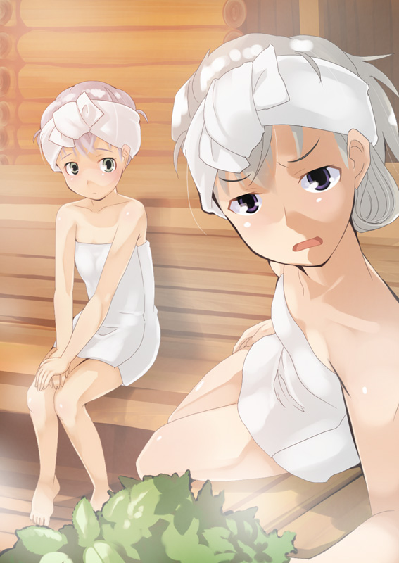 2girls, aasara, barefoot, blue_eyes, blush, eila_ilmatar_juutilainen, green_eyes, multiple_girls