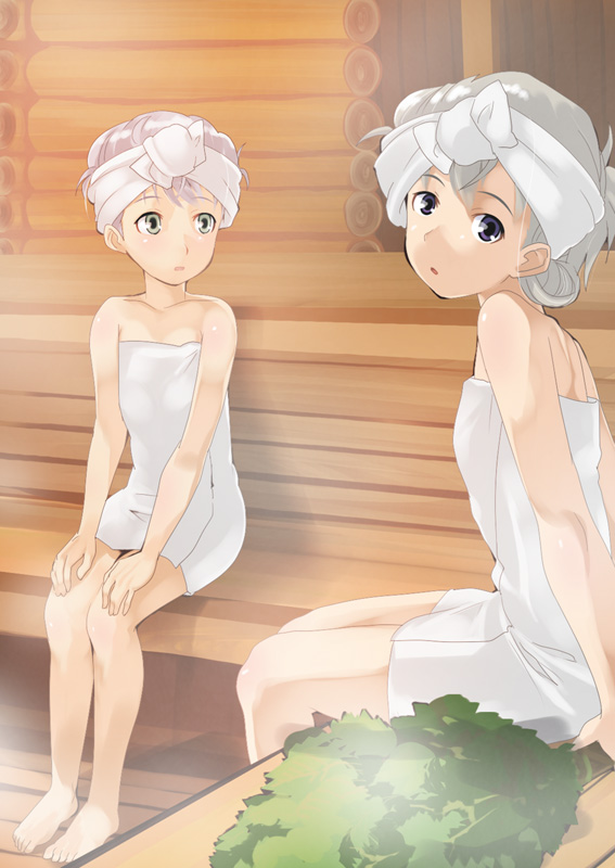 2girls, aasara, barefoot, blue_eyes, eila_ilmatar_juutilainen, green_eyes, multiple_girls, naked_towel