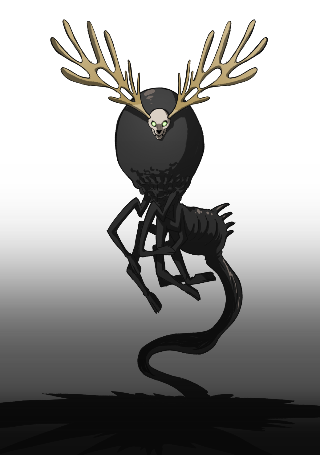 1boy, animal_skull, antlers, centaurworld, darkness, deer_skull, floating, green_eyes
