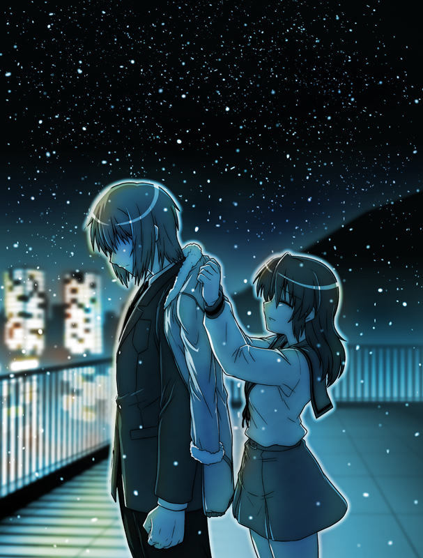 10s, 1boy, 1girl, blouse, blue_theme, coat, funen_gomi, genderswap