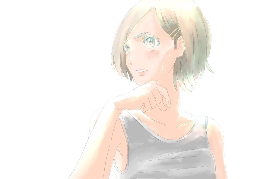 1girl, backlighting, brown_hair, collarbone, din_(pixiv25800872), green_eyes, grey_shirt, grey_tank_top