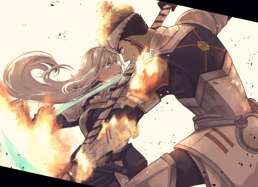 1boy, 1girl, armor, brown_hair, cammuravi_(xenoblade), clash, dual_wielding, ethel_(xenoblade)