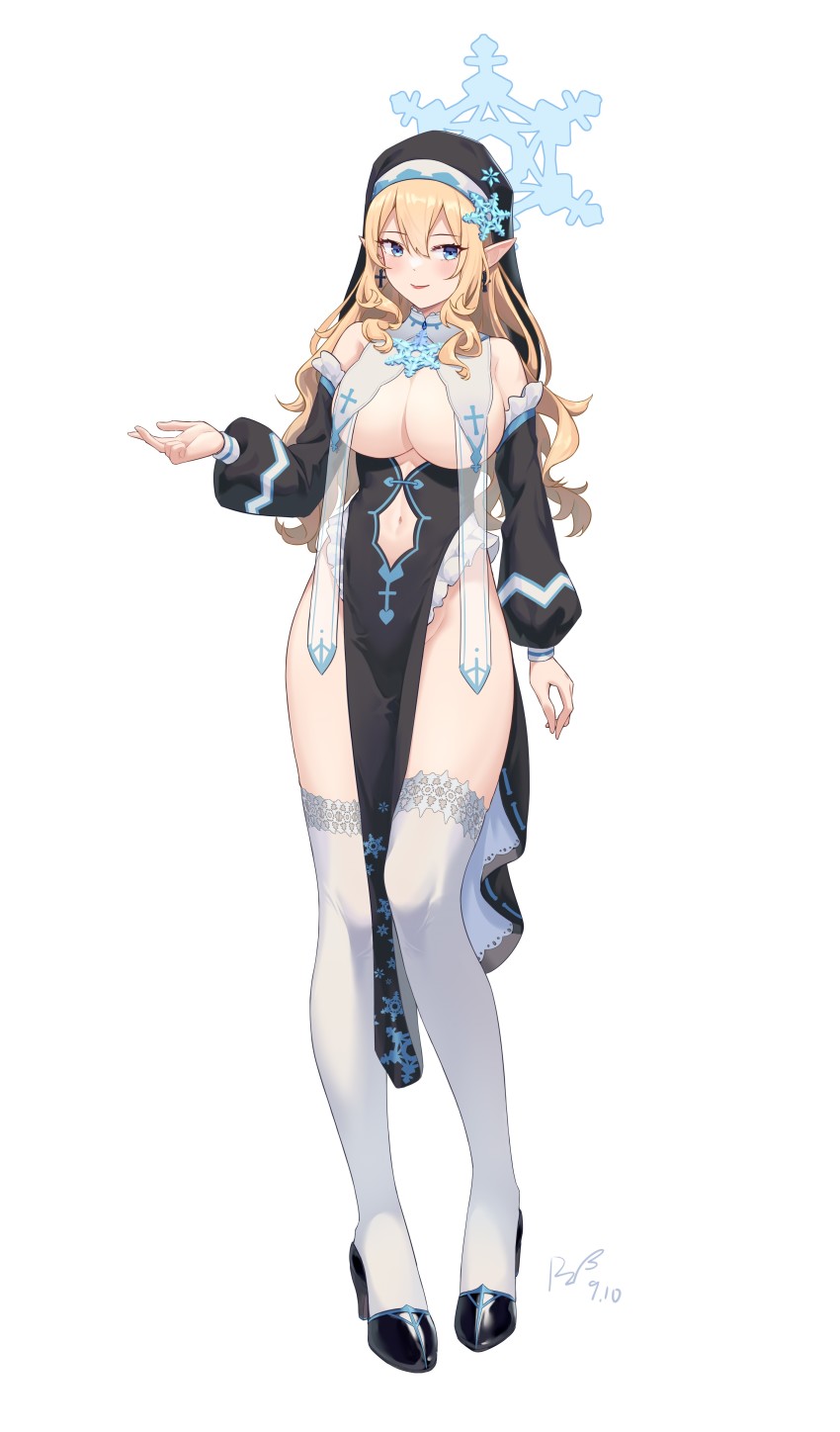 1girl, absurdres, blonde_hair, blue_eyes, blush, breasts, cross, detached_sleeves