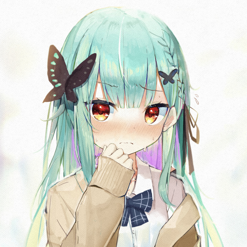 1girl, absurdres, black_ribbon, blue_bow, blunt_bangs, blush, bow, bowtie
