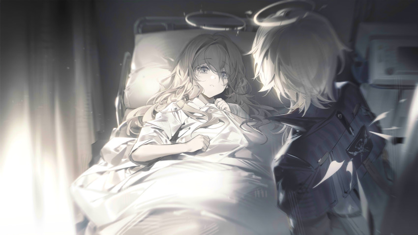 1boy, 1girl, arknights, artist_request, bed, bed_sheet, broken_halo, cecelia_(arknights)