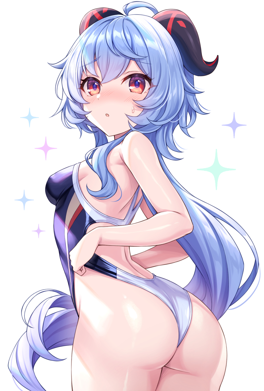 1girl, ahoge, ass, blue_hair, blue_one-piece_swimsuit, blush, breasts, commentary_request