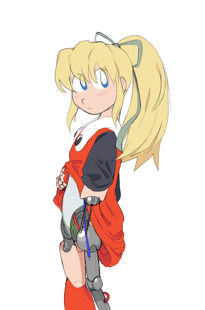 1girl, android, black_shirt, blonde_hair, blue_eyes, cable, clothes_lift, green_ribbon, joints, maintenance, mecha_musume, mechabare, mega_man_(classic), ponytail, red_skirt, ribbon, robot, robot_joints, roll_(mega_man), shirt, simple_background, skirt, skirt_lift, temorinki, white_background, wire