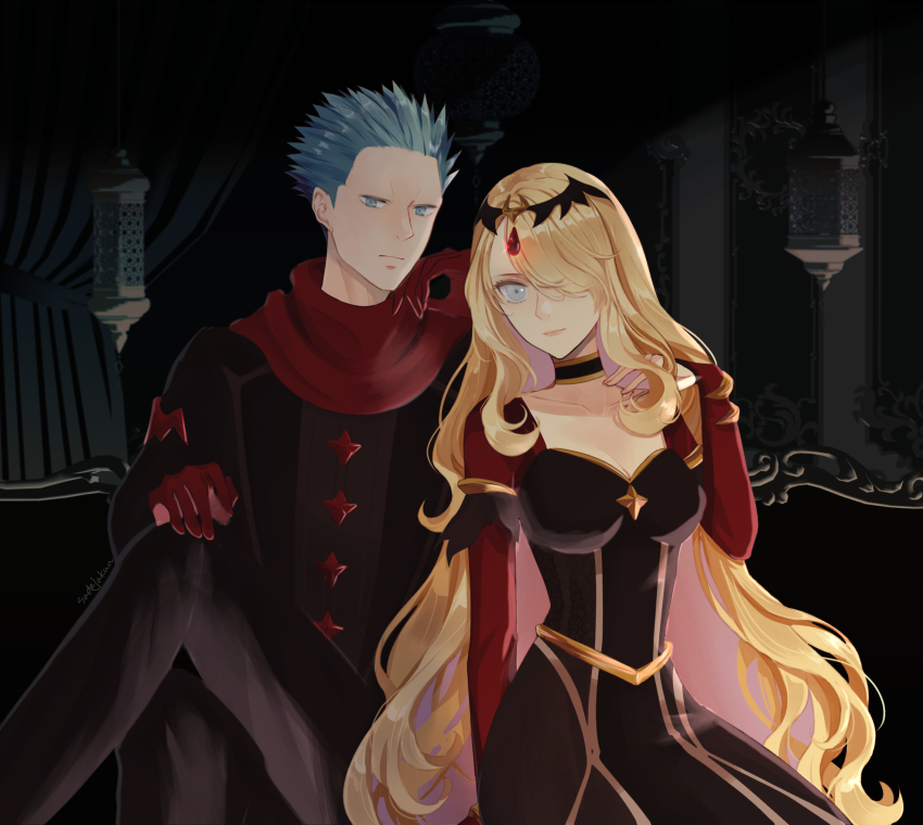 1boy, 1girl, amenboaoina, bad_id, bad_pixiv_id, black_choker, black_dress, blonde_hair, breasts, choker, cleavage, closed_mouth, collarbone, commentary_request, cynthia_(pokemon), cynthia_(sygna_suit)_(renegade)_(pokemon), cyrus_(pokemon), cyrus_(sygna_suit)_(pokemon), dress, eyelashes, gloves, grey_eyes, hair_ornament, hair_over_one_eye, hand_up, highres, long_hair, nintendo, official_alternate_costume, pants, pokemon, pokemon_masters_ex, red_gloves, red_scarf, scarf, short_hair, spiked_hair