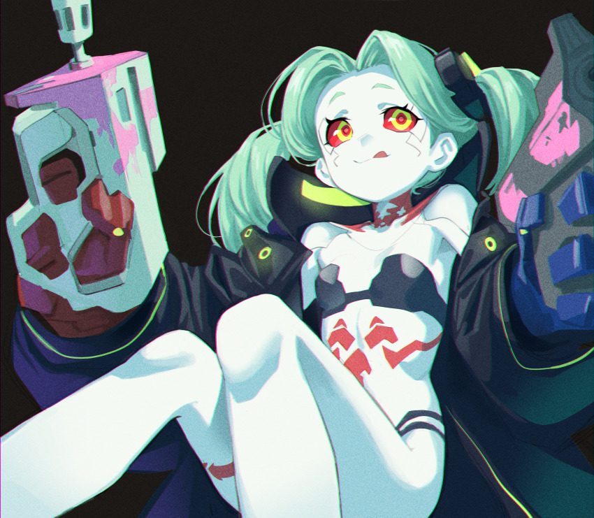 1girl, :q, absurdres, aqua_hair, bare_shoulders, black_background, black_panties, blue_skin, coat, colored_sclera, colored_skin, cyberpunk_(series), cyberpunk:_edgerunners, gun, highres, holding, holding_gun, holding_weapon, long_hair, mechanical_arms, mia_(39565899), open_clothes, open_coat, panties, rebecca_(cyberpunk), red_sclera, shotgun, simple_background, smile, solo, tattoo, tongue, tongue_out, twintails, underwear, weapon, yellow_eyes