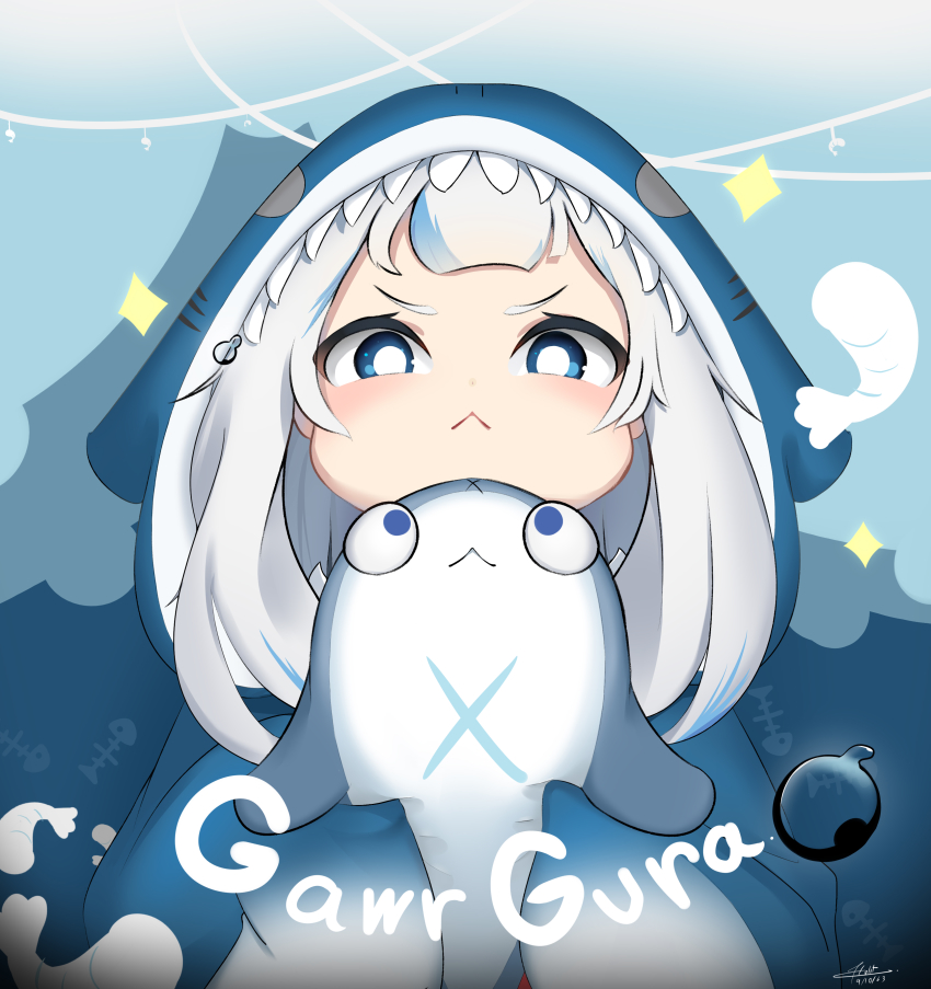 1girl, :<, absurdres, animal_hood, aou13093, bloop_(gawr_gura), blue_eyes, blue_hair