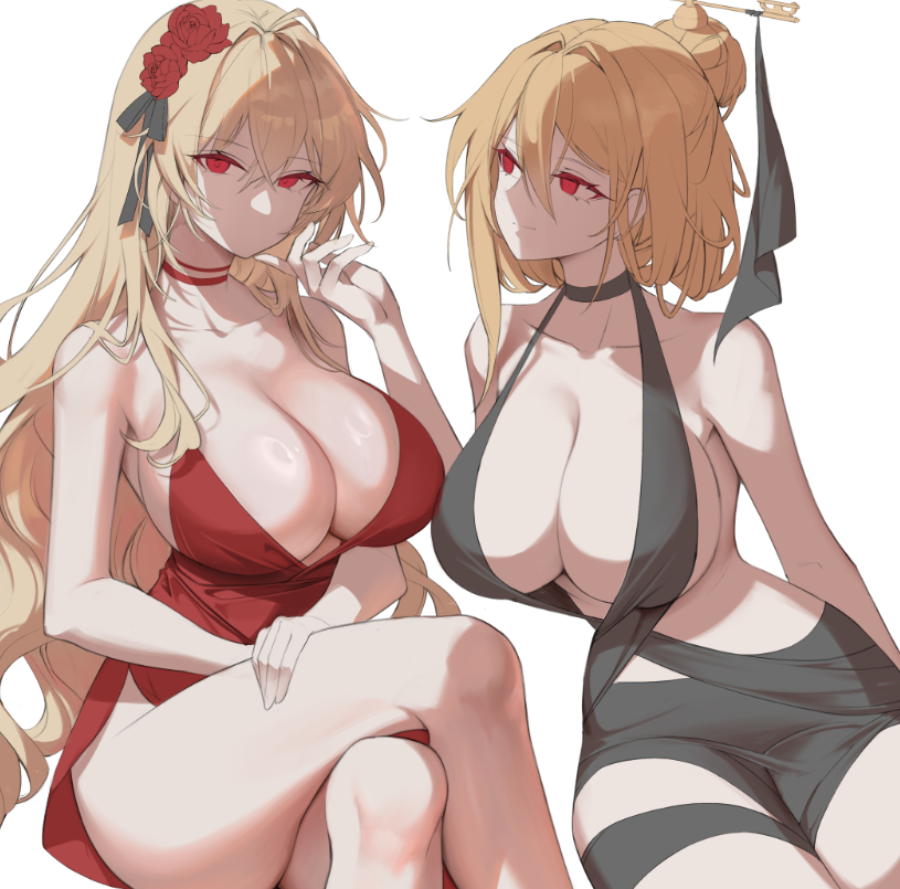 2girls, azur_lane, bad_id, bad_twitter_id, bare_arms, black_choker, blonde_hair, breasts
