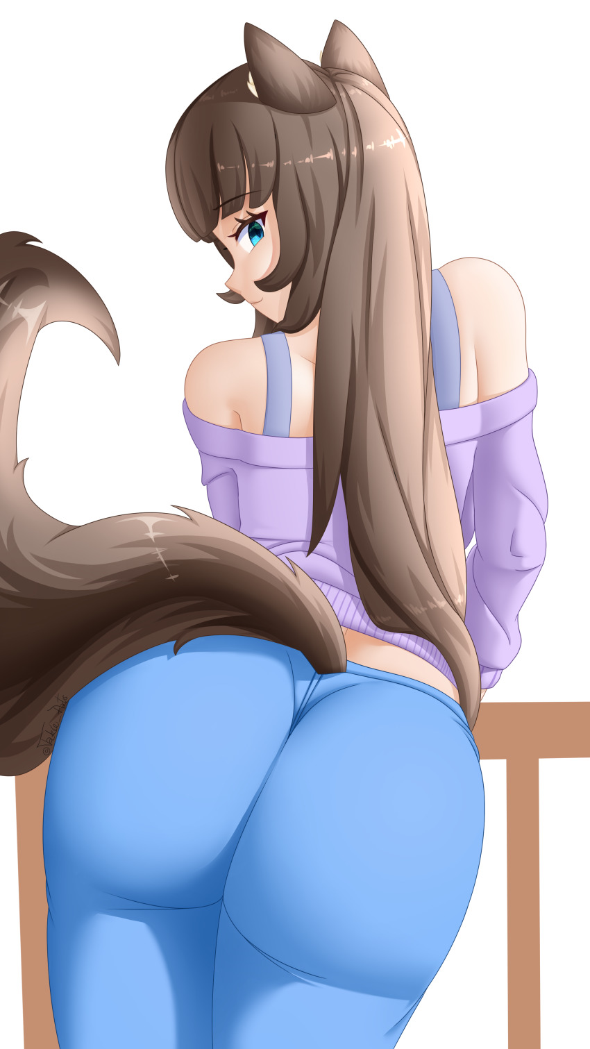 1girl, absurdres, animal_ears, ass, blue_eyes, blue_leggings, brown_hair, cat_ears, cat_girl, green_eyes, highres, leggings, long_hair, looking_at_viewer, looking_back, multicolored_eyes, original, simple_background, sweater, tail, takie, takie_arts, white_background